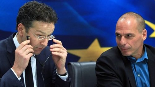 Jeroen Dijsselbloem ve Yanis Varoufakis bir basın toplantısında